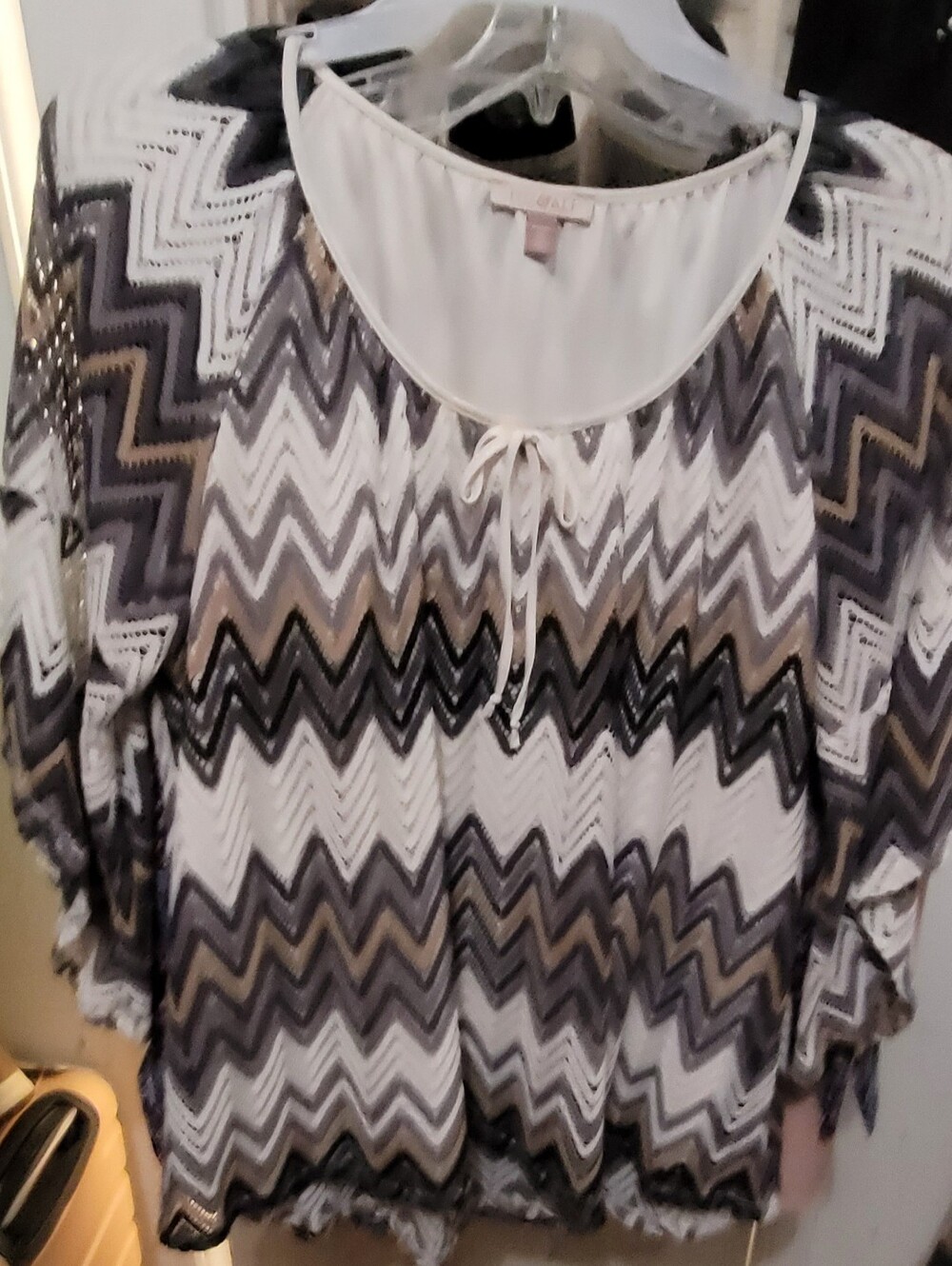 Dressbarn Womens Chevron Tie-Front Blouse in White and Gray - Casual Top